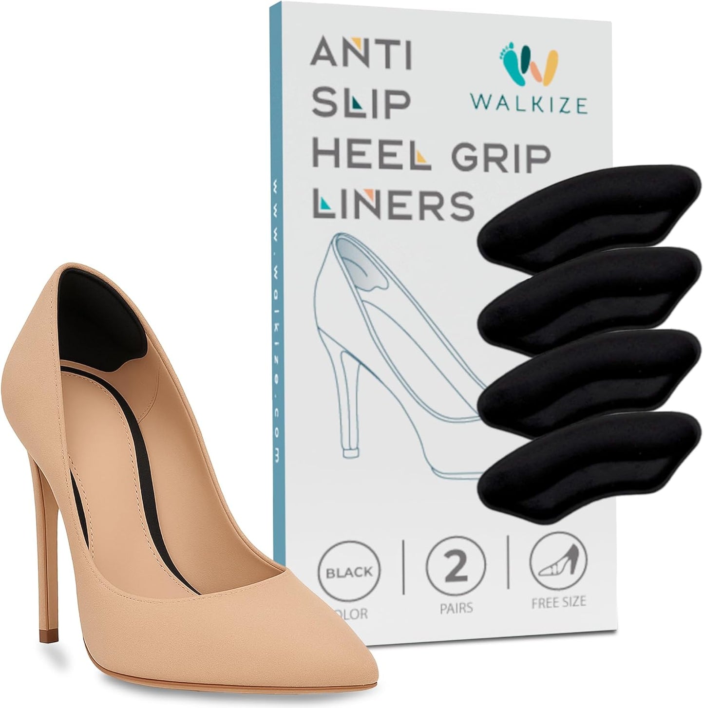 Walkize Anti Slip Heel Pads for Shoes Women & Men - Cushioned Heel Grips - Shoe Inserts for Women - Blister Prevention, Heel Pain Relief & Comfort in High Heels, Dress Shoes (2 Pairs,Black)