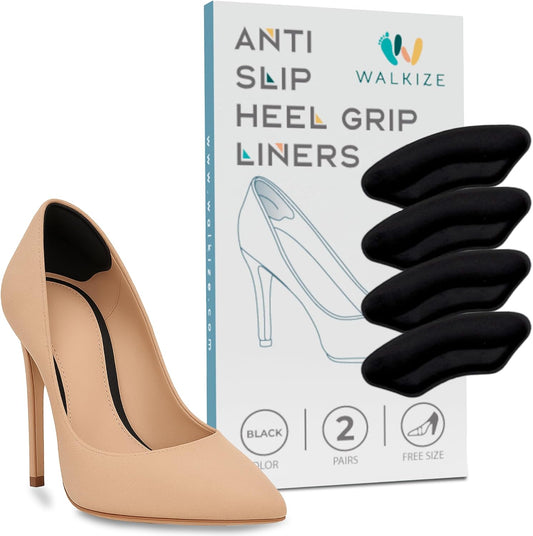 Walkize Anti Slip Heel Pads for Shoes Women & Men - Cushioned Heel Grips - Shoe Inserts for Women - Blister Prevention, Heel Pain Relief & Comfort in High Heels, Dress Shoes (2 Pairs,Black)