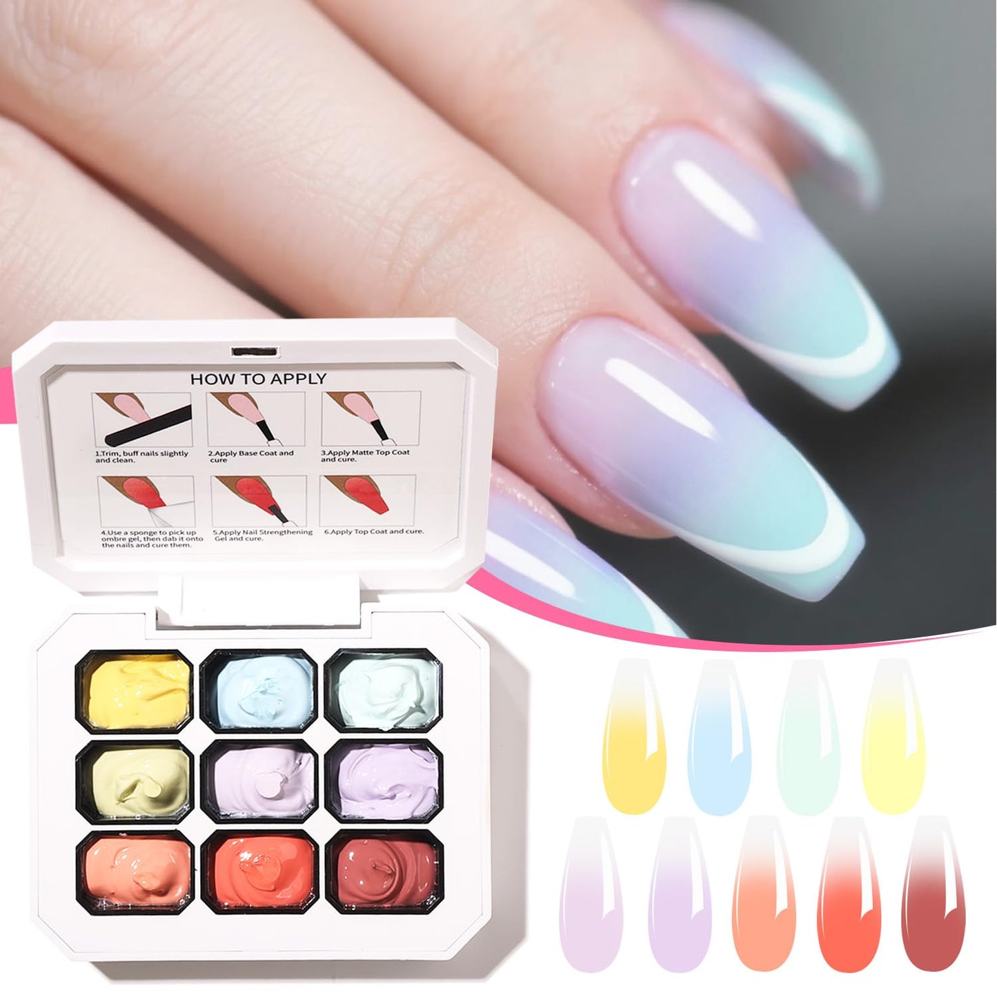 9 Colors Set Ombre Gel Nail Polish,Gel Ombre Color Palette for Nails with 100Pcs Nail Sponges for 3D Nail Art in Salon or Home Use(omber-05)