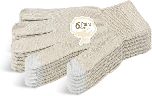 Evridwear Unisex Moisturizing Cotton Gloves with Touchscreen Fingertips for Eczema Beauty Cosmetic Dry Hands Sensitive Irritated Skin Therapy Overnight Bedtime, 6 Pairs, Lightweight-Beige, XS