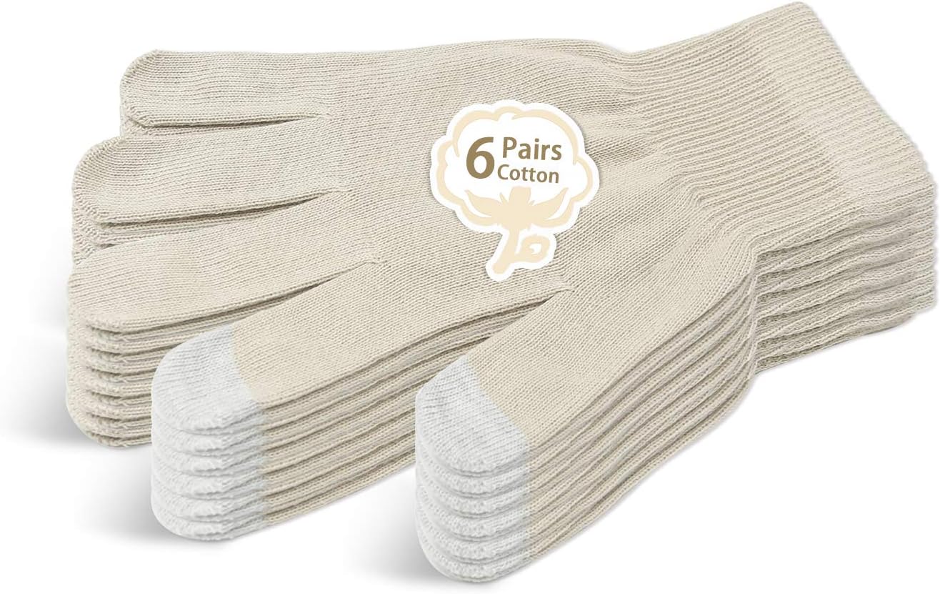 Evridwear Unisex Moisturizing Cotton Gloves with Touchscreen Fingertips for Eczema Beauty Cosmetic Dry Hands Sensitive Irritated Skin Therapy Overnight Bedtime, 6 Pairs, Lightweight-Beige, S/M