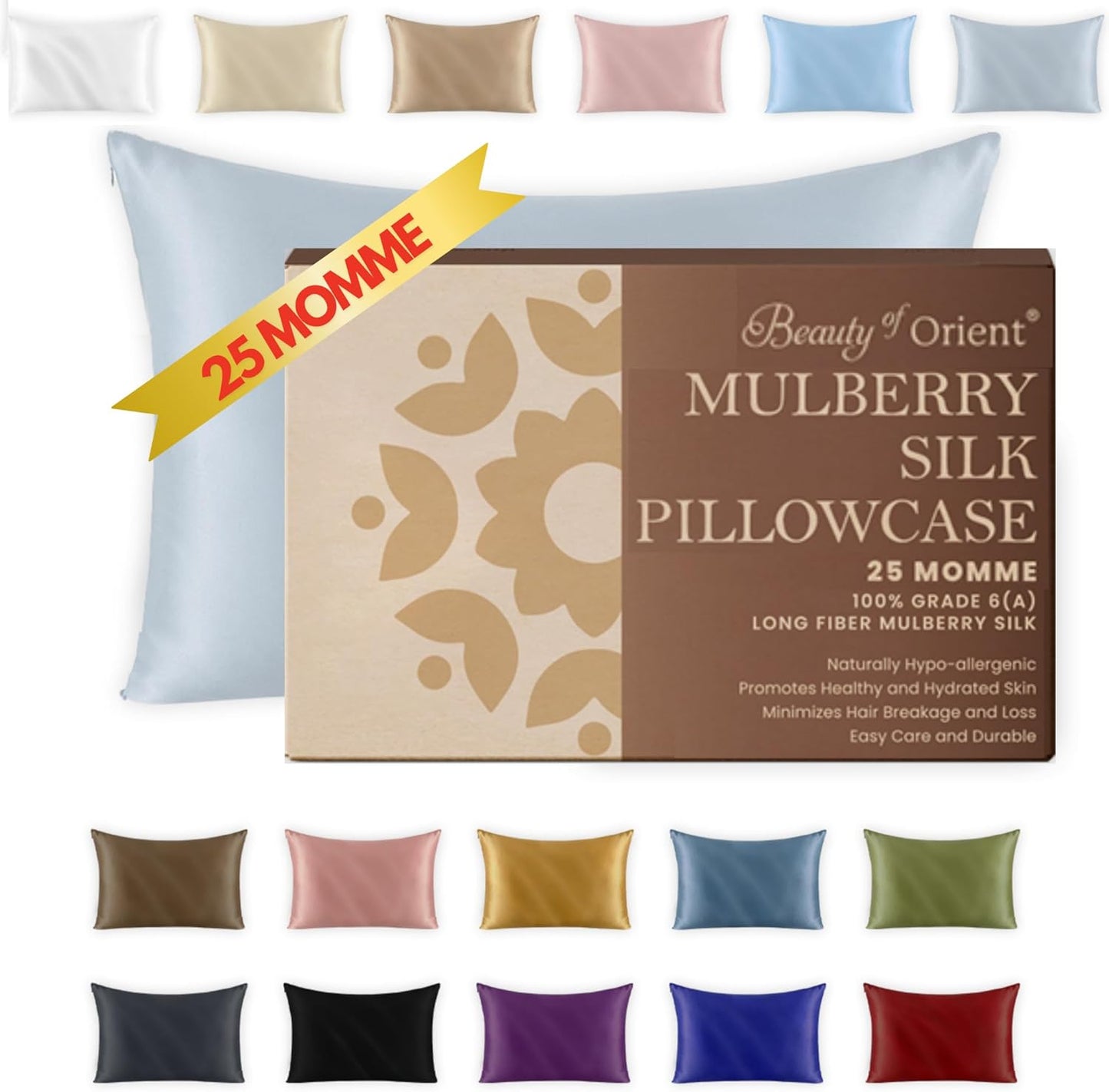 25 Momme Premium Mulberry Silk Pillowcase for Hair and Skin | Handcrafted Hypoallergenic & Anti-Acne Silk Pillow Cases with Zipper | Queen - 20" x 30", Silver Lining