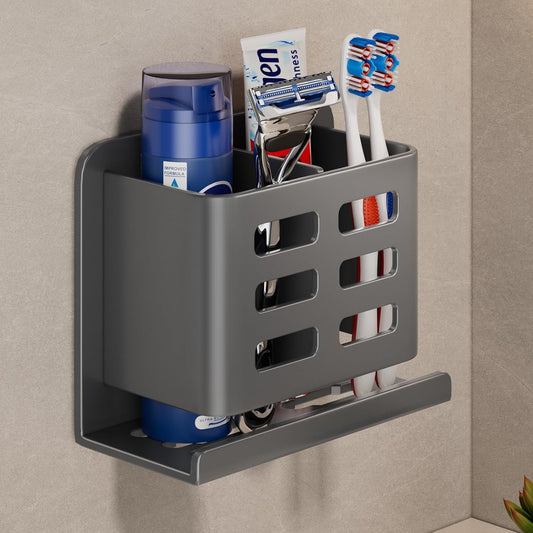 Grey Wall-Mounted Toothbrush Holder, Aluminum Material Shower Shaver Storage Rack, No Drilling Required, Removable Toothpaste Storage Rack