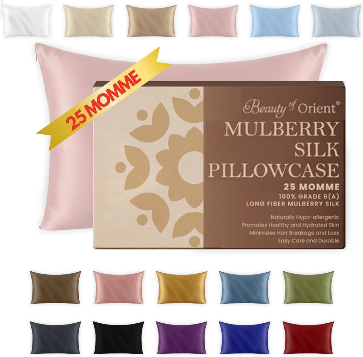 25 Momme Premium Mulberry Silk Pillowcase for Hair and Skin | Handcrafted Hypoallergenic & Anti-Acne Silk Pillow Cases with Zipper | King - 20" x 36", Rose Water