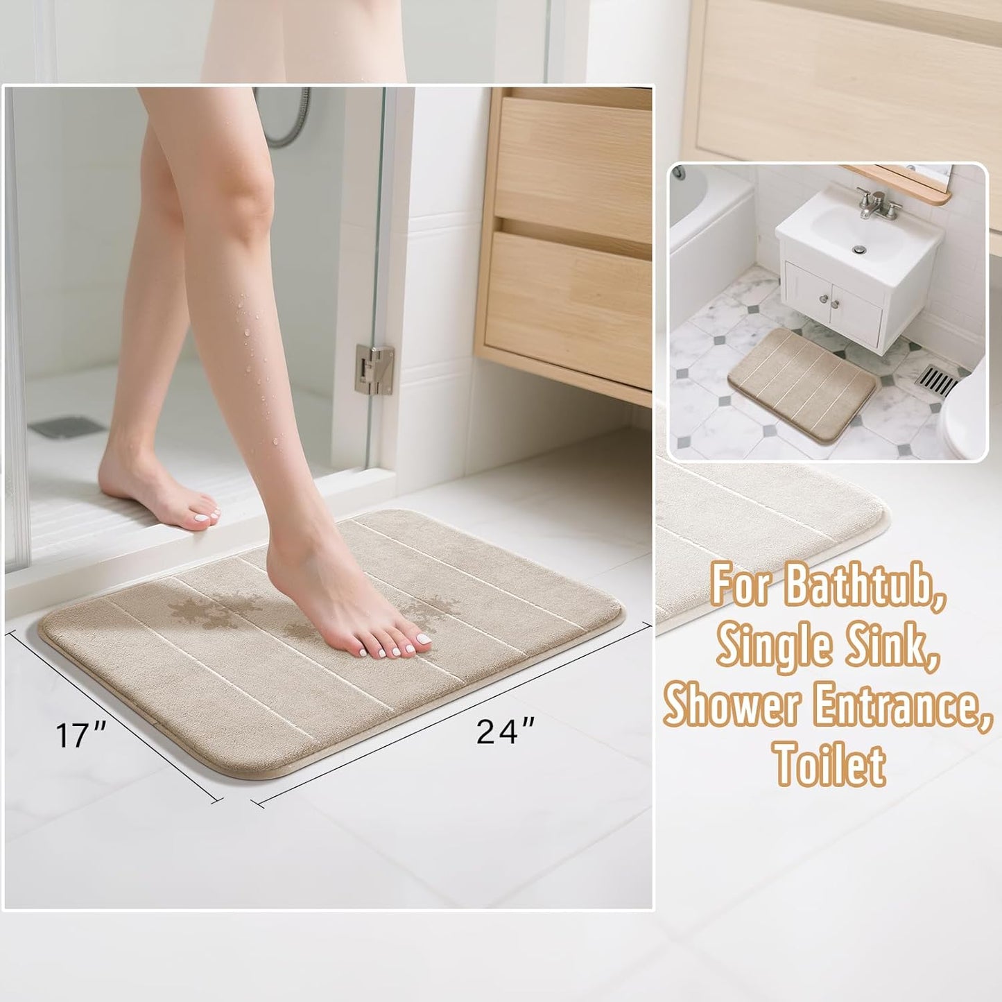 Yimobra Memory Foam Bath Mat, Super Soft Absorbent Bathroom Rug Non Slip 24x17 Inch, Quick Dry, Machine Washable Floor Carpet for Tub Shower, Home Decor Accessories, Beige