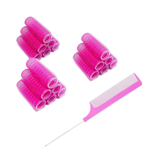 18PCS Self Grip Small Hair Curlers Heatless Roller Hair Curlers Pro Salon Hairdressing Curler DIY Curly Hairstyle Hair Rollers Tools Rat Tail Comb for Women Medium Short Hair(Rose red)