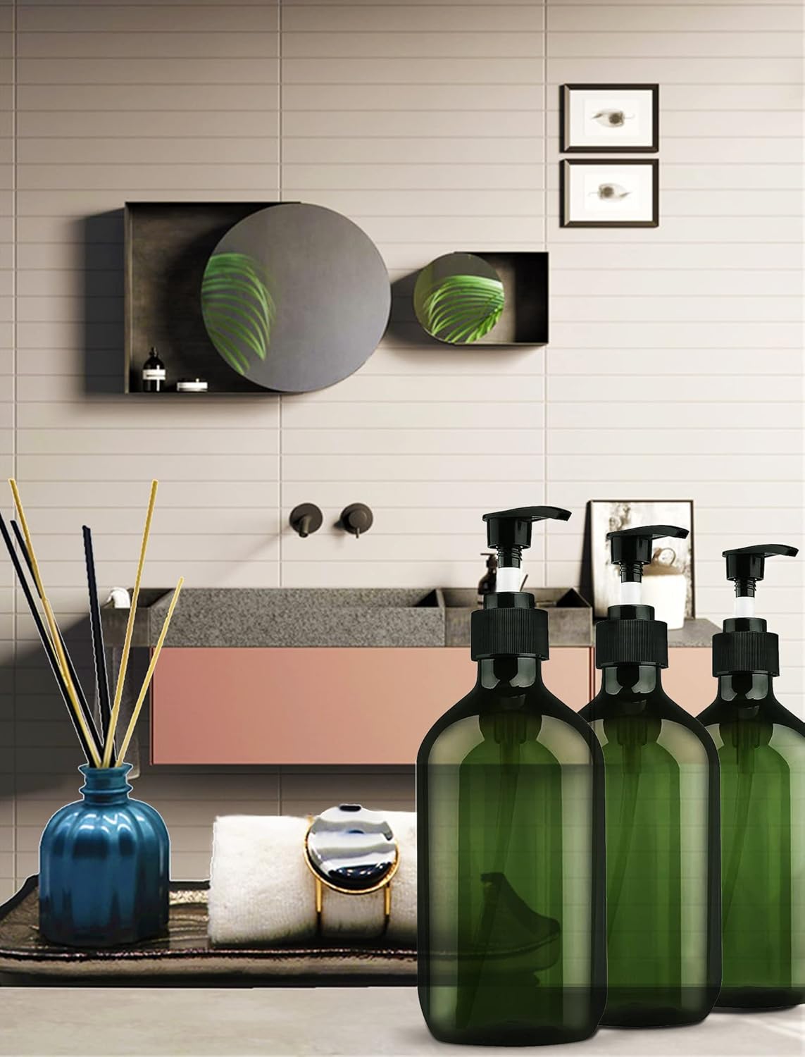 Empty Plastic Bottles with Pump Dispenser and 6pcs Labels Included, Refillable Travel Containers for Hand sanitizer Shampoo Lotion, etc - No BPA/Paraben, 500ml/16.9oz (3 Pack(Green))