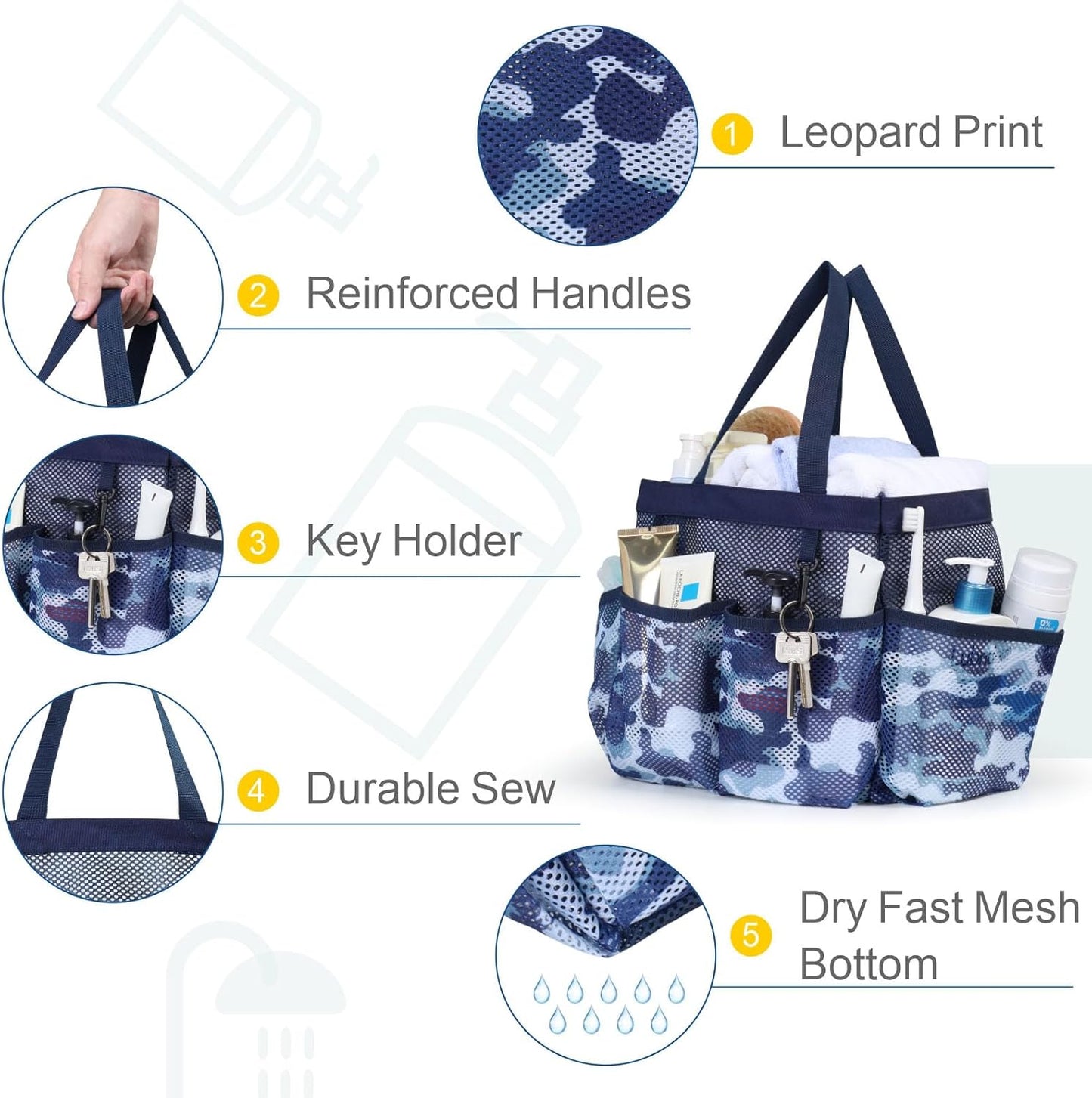 F-color Shower Caddy Portable - Mesh Shower Bag Basket Tote for College Dorm Room Essentials Bathroom Gym Camp Quick Dry for Women Men with S Hook, Dark Blue Camouflage