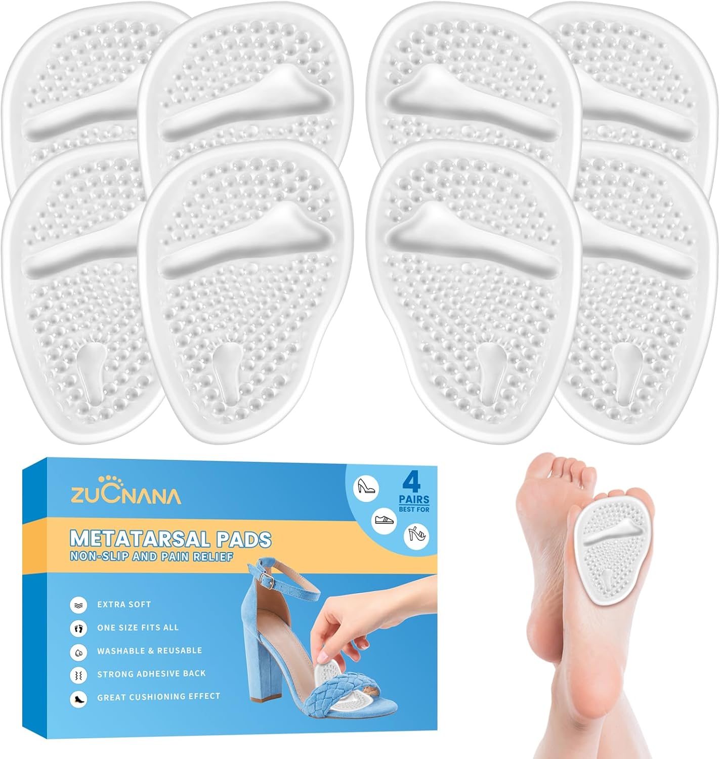 Metatarsal Pads for Women - Soft Gel High Heel Insoles, 4 Pairs, Non-Slip Design, Instant Foot Pain Relief, Self-Sticking Back, Fits All Feet Sizes