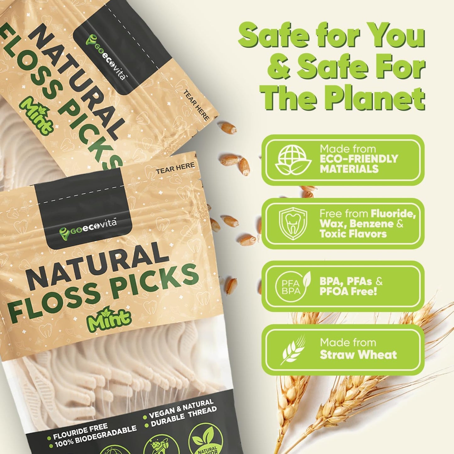 Biodegradable Floss Picks - Natural Straw Wheat Handle | Thin & Durable Thread for Tight Gaps! | Dental Flossers for Adults | Gentle on Gums & Teeth | Eco Friendly, Vegan, Natural (100 Pack, Mint)