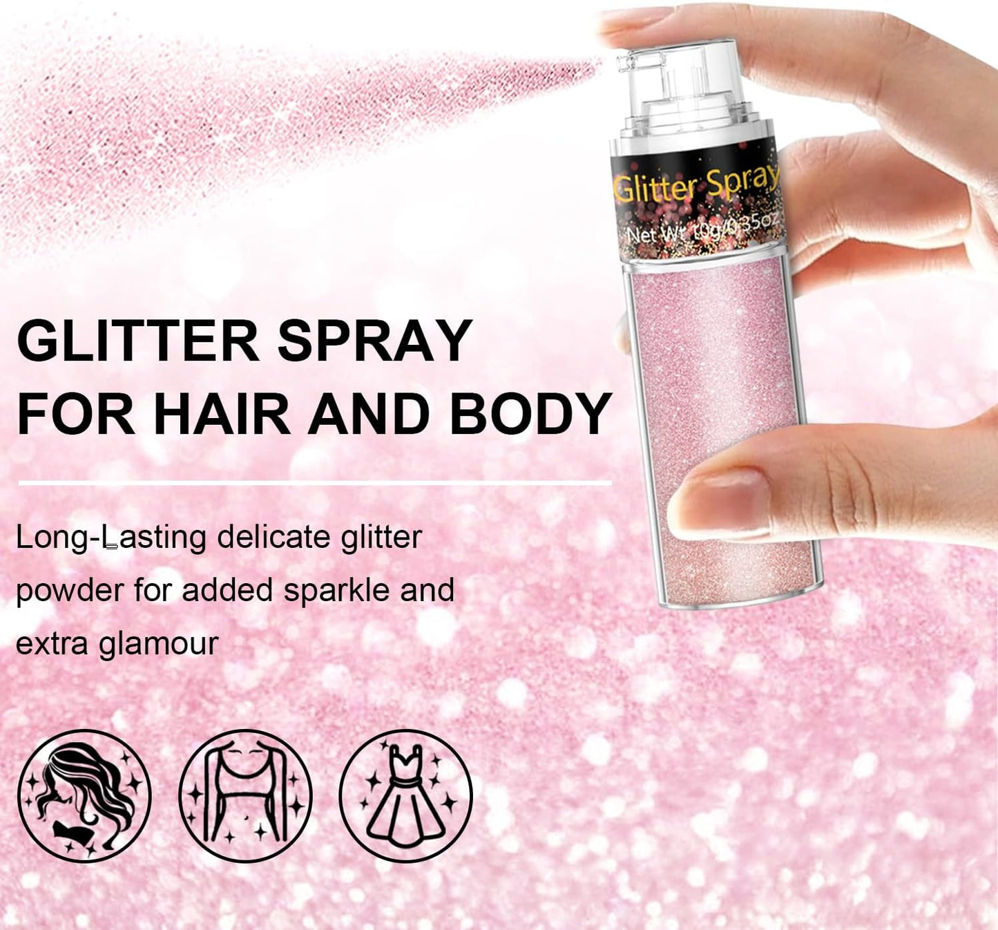 Hair and Body Glitter Spray, 1PC Sparkling Pink Glitter Dry Powder Makeup for Clothes, Festival Rave Prom Loose Sparkle Powder,Holographic Ultra Fine Resin Glitters for Crafts(Pink)