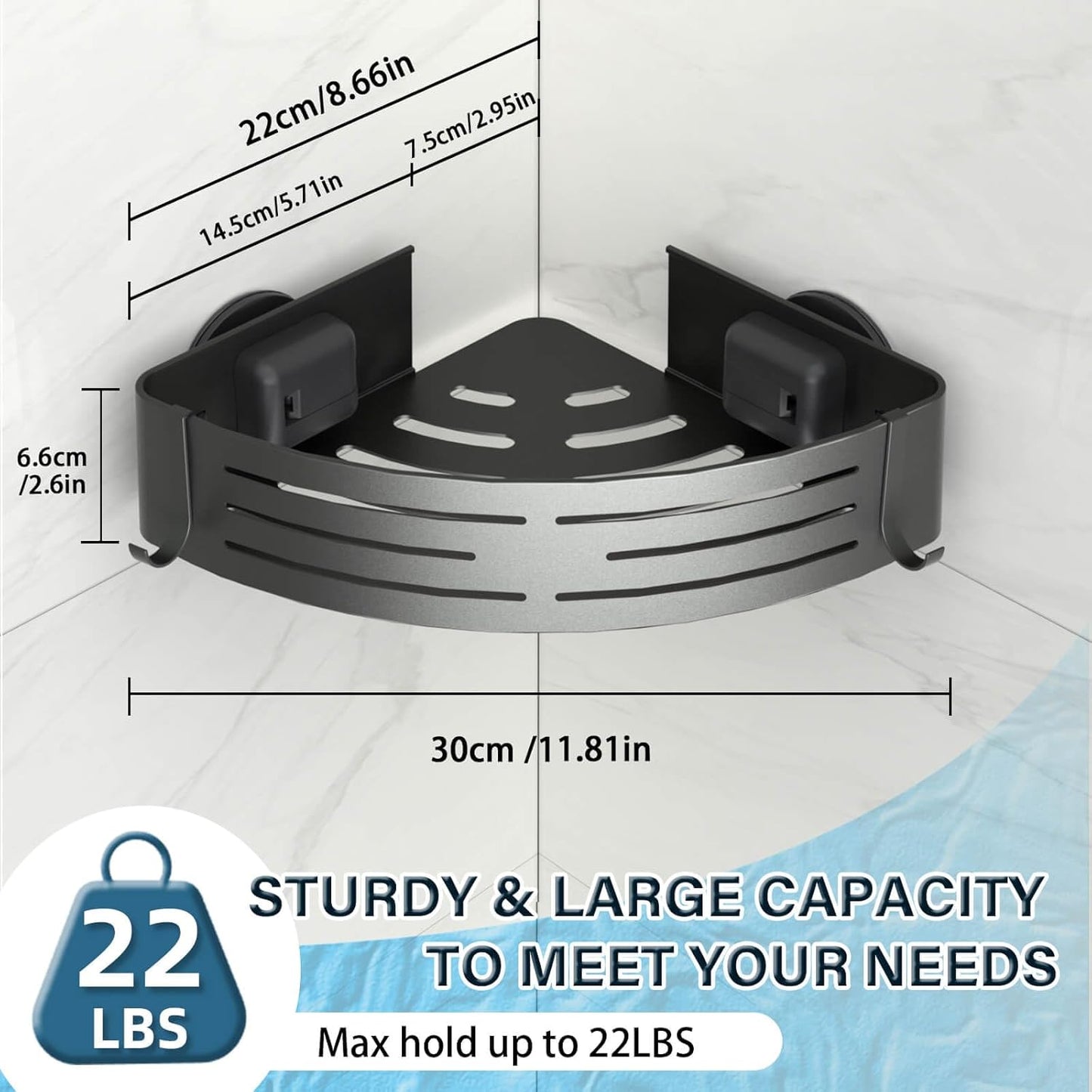 Onemake Corner Shower Caddy with Suction Cups, 2-Pack Removable Aluminum Wall Mounted Organizer Shelves Storage Rack with Towel Bar Portable Hook for Bathroom, Grey