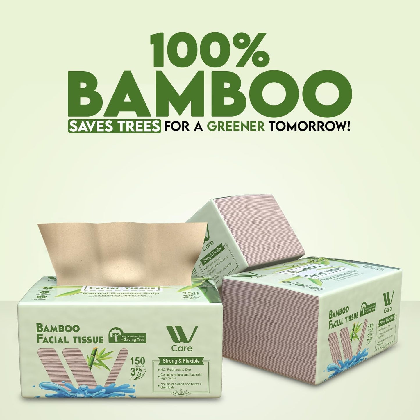 Care Bamboo Facial Tissues, Bulk Box of 10 Packs, 150 Sheets Each, Total 1,500 Sheets, Soft and eco-friendly, perfect for everyday use, great value
