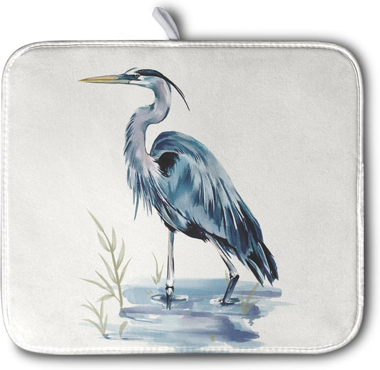 Summer Dish Drying Mat Blue White Heron Beach Absorbent Microfiber Drying Mats for Kitchen Counter Coastal Nautical Birds Dishes Drainer Mat 16x18 Inch