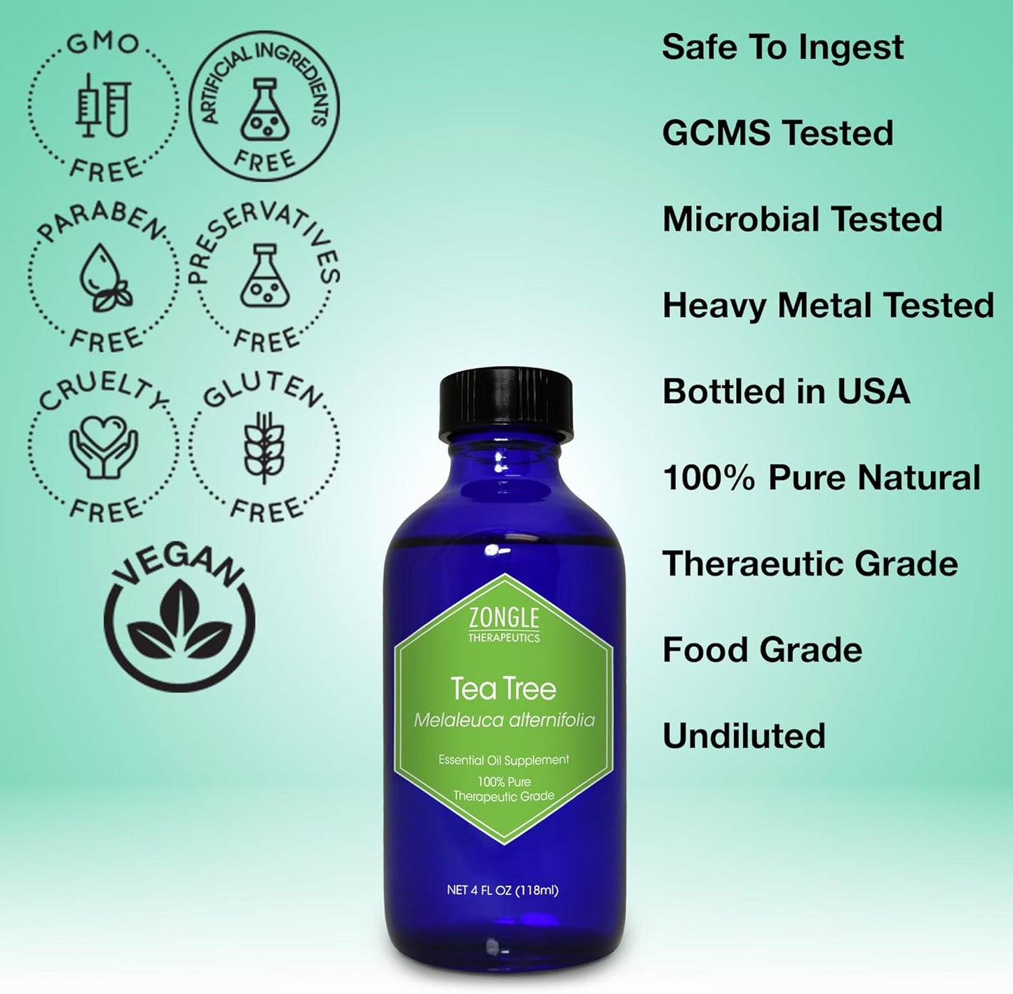 Tea Tree, Melaleuca, Oil, Food Grade – 100% Pure, Tea Tree Essential Oil, by Zongle Therapeutics, 4 OZ