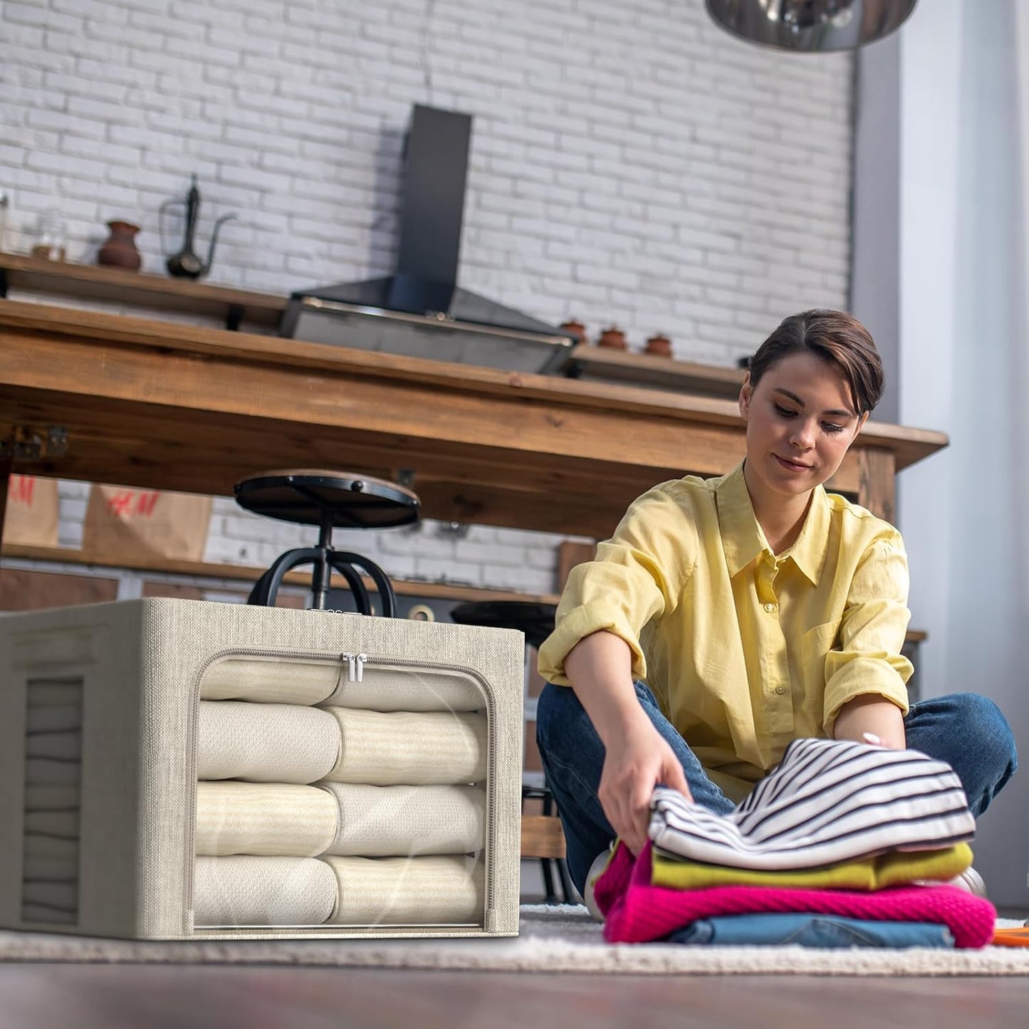 FHSQX 6 Pack Clothes Storage Bins with Metal Frame Foldable Storage Bins for Clothes Linen Fabric Storage Box with Clear Window (Beige, 15.7x11.8x11.8inch(36L))