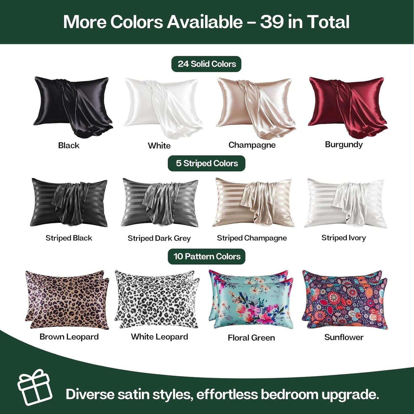 MR&HM Satin Pillowcase for Hair and Skin, Silk Satin Pillowcase 2 Pack, King Size Pillow Cases Set of 2, Silky Pillow Cover with Envelope Closure (20x36, Dark Green)