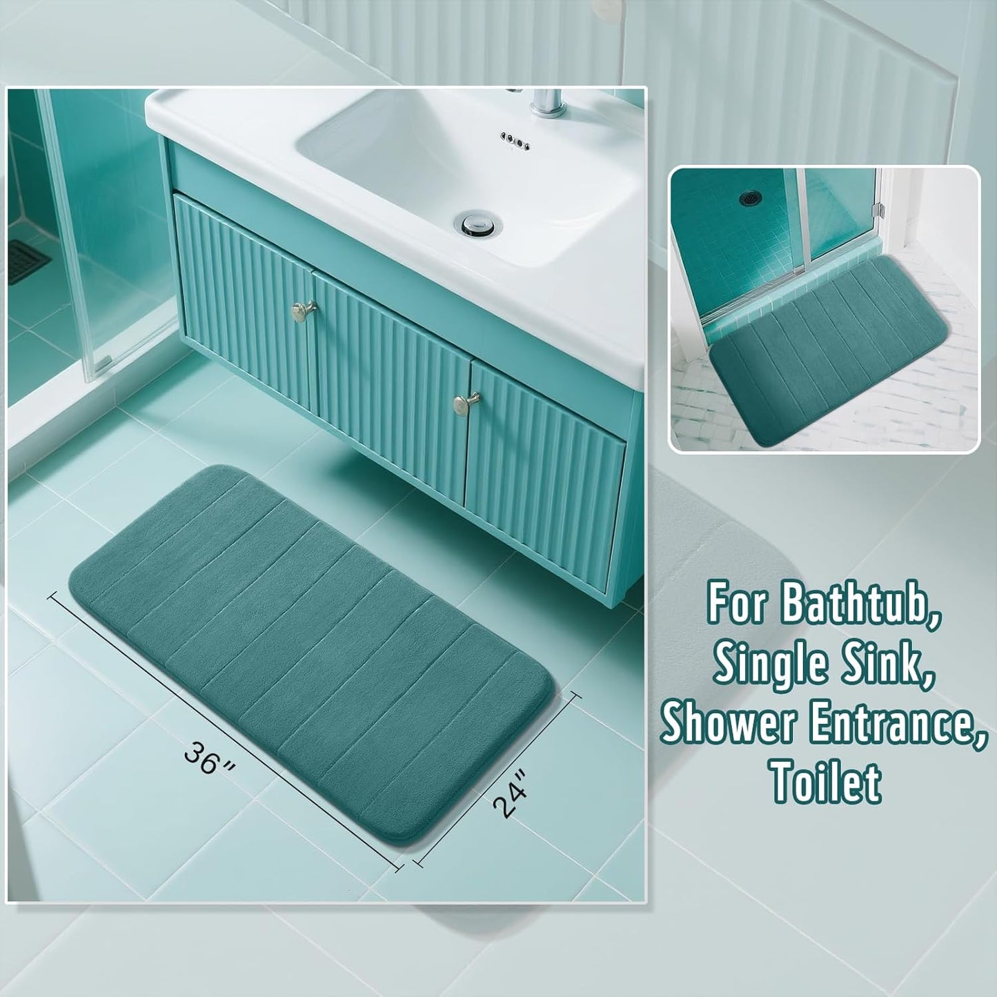 Yimobra Large Bath Mat 36"x24", Super Soft Quick Dry Memory Foam Bathroom Rug, Water Absorbent, Non Slip Backing Machine Washable for Tub Shower, Thick Comfort Support, Teal