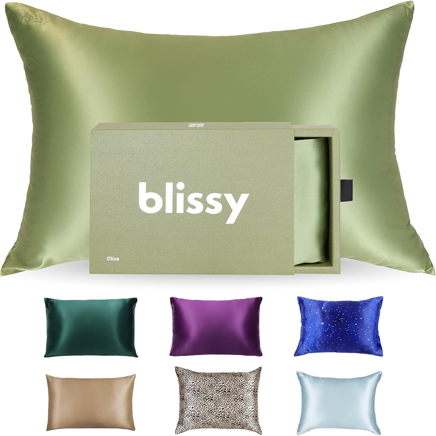 Blissy Silk Pillowcase - 100% Pure Mulberry Silk - 22 Momme 6A High-Grade Fibers - Silk Pillow Cover for Hair & Skin - Regular, Queen & King (Olive, Standard)