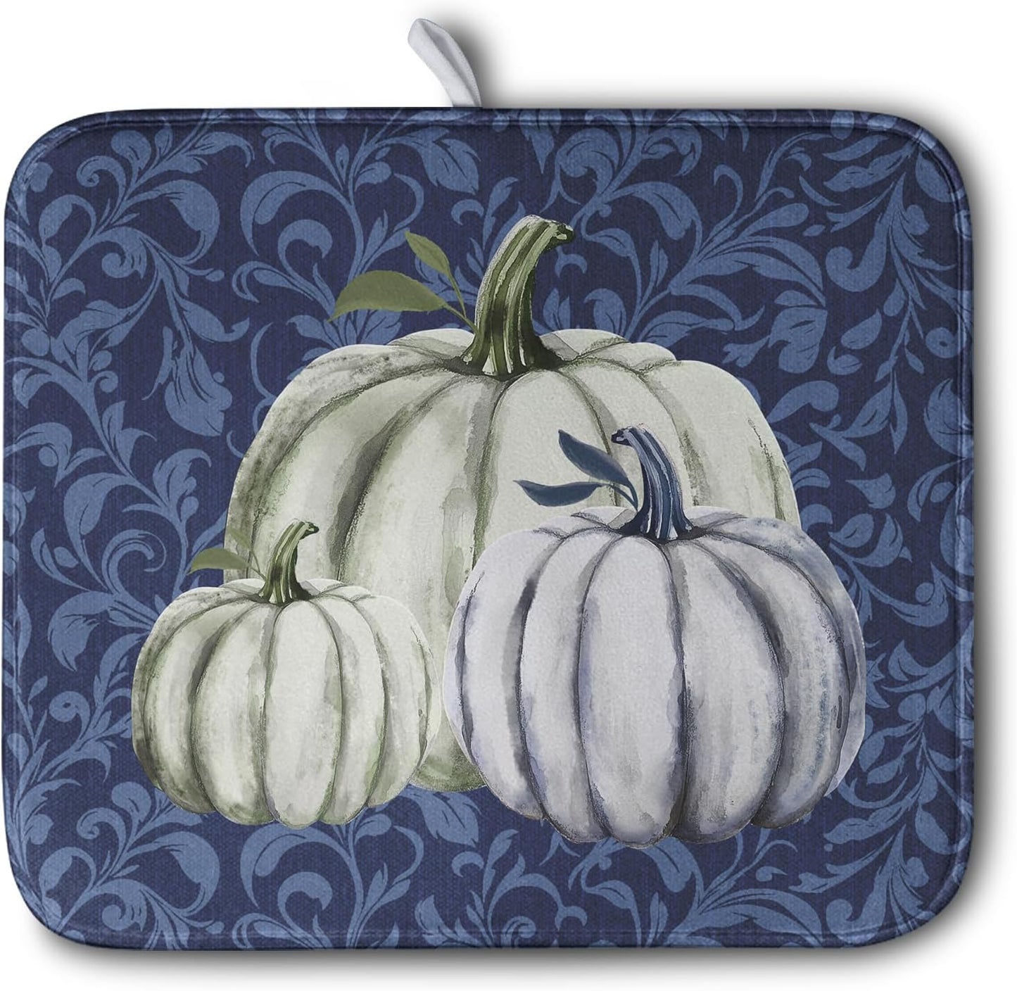 Autumn Dish Drying Mat Fall Navy Blue White Pumpkin Dish Pad for Kitchen Counter 16x18 Microfiber Absorbent Thanksgiving Dish Draining Mat Reusable Washable Dish Drainer Rack Mat