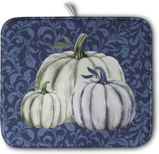 Autumn Dish Drying Mat Fall Navy Blue White Pumpkin Dish Pad for Kitchen Counter 16x18 Microfiber Absorbent Thanksgiving Dish Draining Mat Reusable Washable Dish Drainer Rack Mat