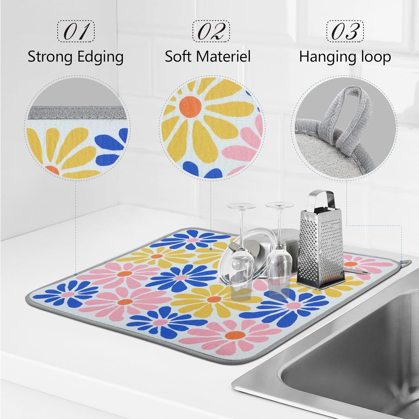 SHIYUE Dish Drying Mat for Kitchen Counter Super Absorbent Spring Kitchen Decor Microfiber Drying Matainers Rack Fast Pad Dish Drainer Mats(Color Flower,18''x24'')