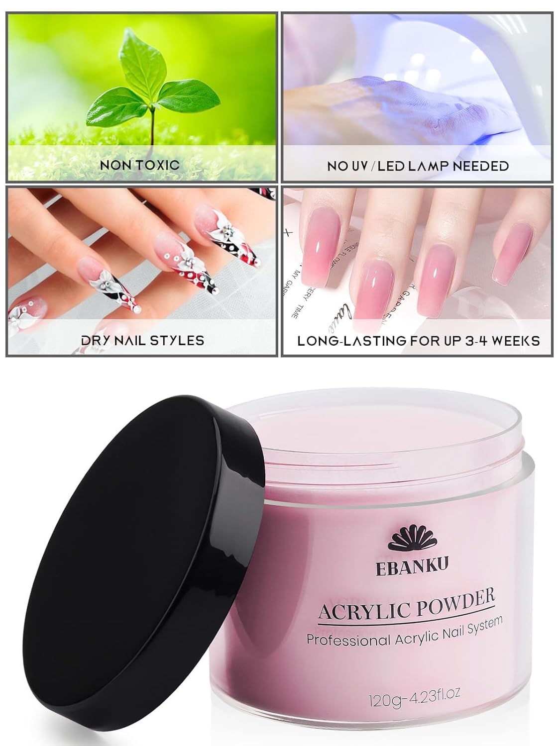 EBANKU 4 Colors Acrylic Powder Set Nude Pink White Clear Acrylic Nail Powder Acrylic Powder for Acrylic Nail Extension Nail Carving, Long-Lasting, No Nail Lamp Needed, Large Capacity 4.23oz*4