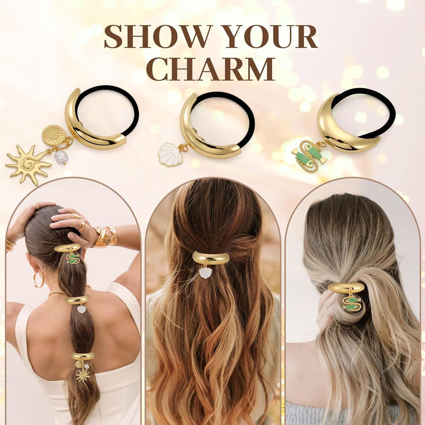 3PCS Gold Hair Ties, Metal Hair Ties for Thick Hair, Elegant Durable Geometric Design, Gold Hair Accessories with Charm Stretchy and Non-Damage Ponytail Cuff Holders, 3 Styles in Box Holiday Gifts