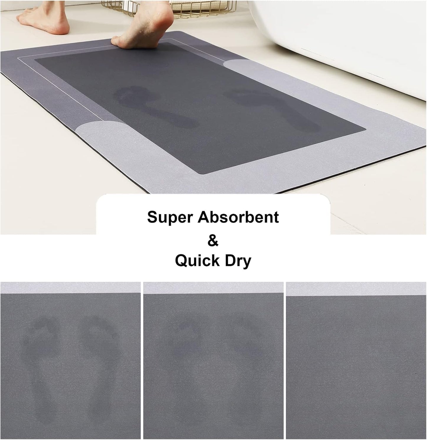 HelloTree 3PCS Bath Mat Rug Rubber Non Slip Quick Dry Rug Sets Super Absorbent Thin Bathroom Rugs Fit Under Door Grey Washable Bathroom Floor Mats for in Front of Bathtub, Shower Room, Sink