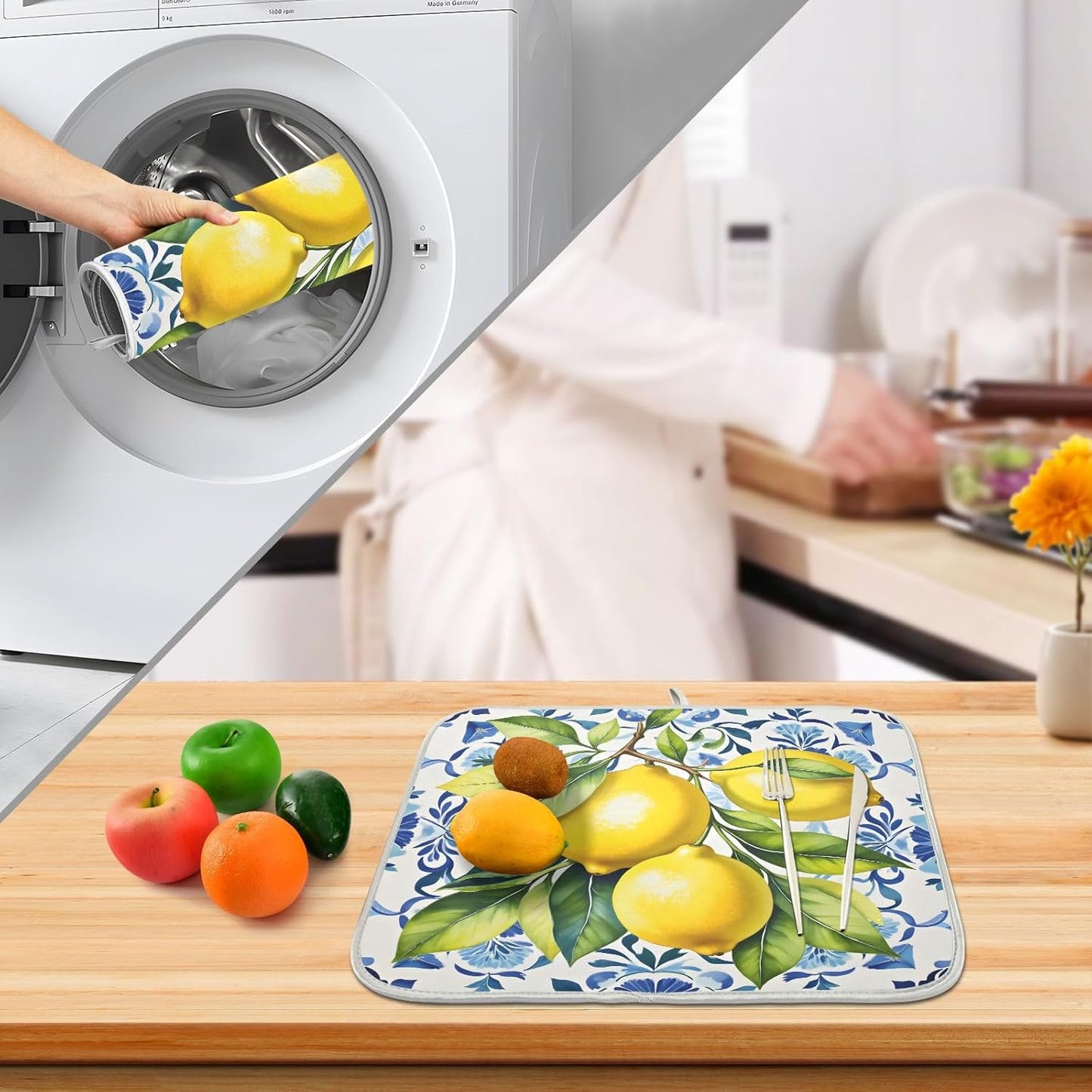 Lemon Italian Tile Blue E Dish Drying Mats for Kitchen Counter Absorbent Microfiber Dish Drying Matt 16 x 18 Inch Draining Reusable Rack Pad