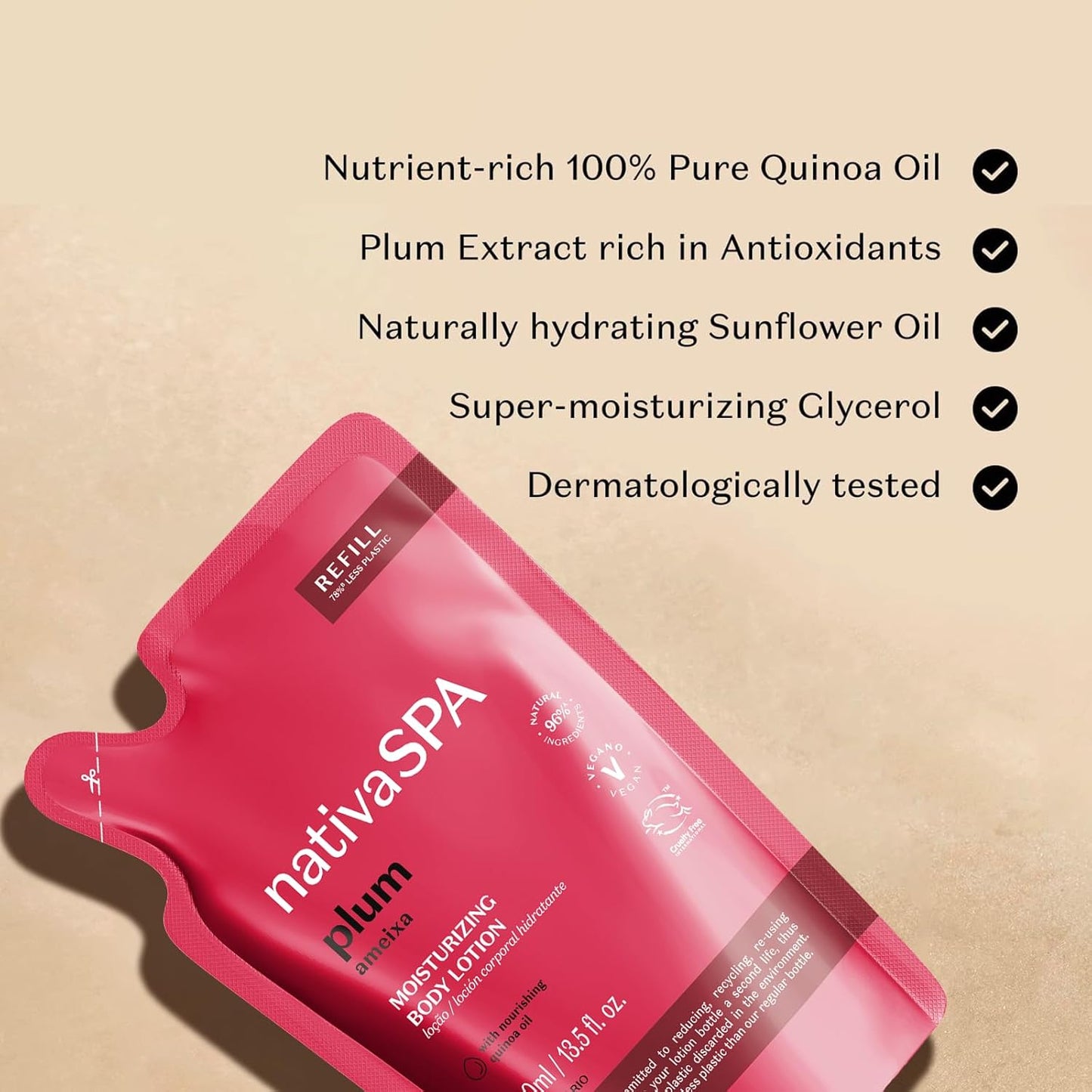 Nativa SPA by O Boticário, Plum Moisturizing Body Lotion Refill Pack, Fragranced Moisturizer Enriched with Purified Quinoa Drops to Boost Hydration, 13.5 Ounce