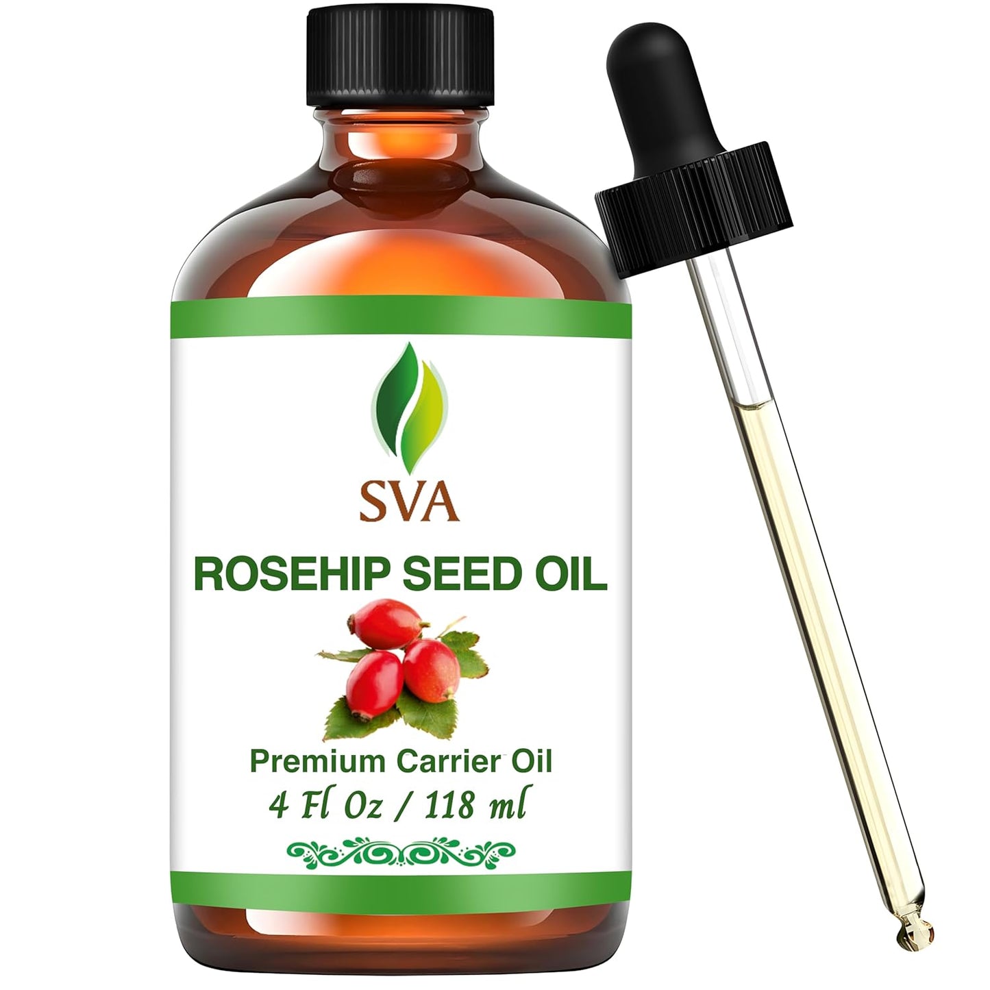 SVA Rosehip Seed Oil - 4 Fl Oz – 100% Natural & Cold Pressed - for Face, Skin Care, Hair Care, Scalp Massage & Body Massage – Carrier Oil with Dropper