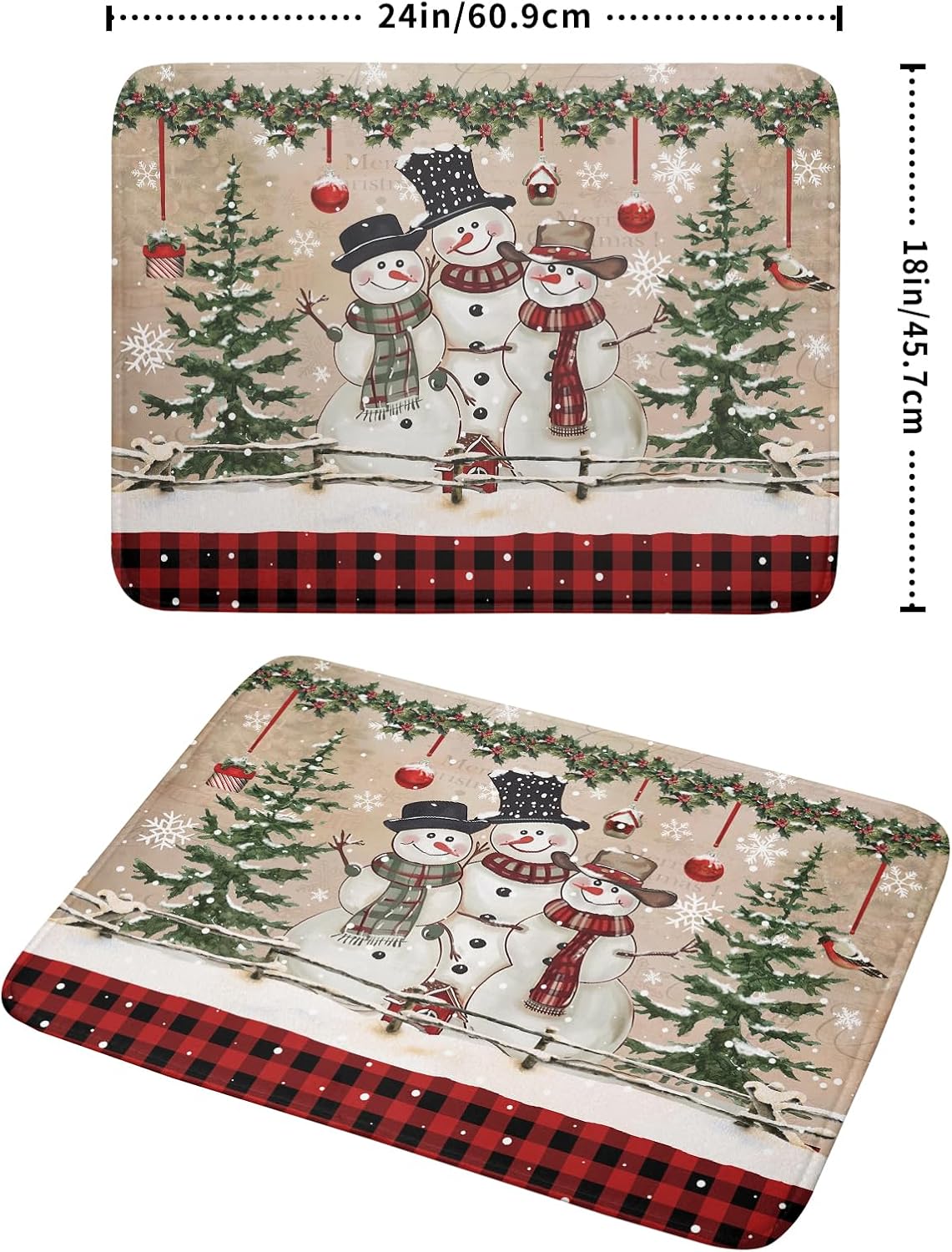 Winter Snowman Dish Drying Mat 18x24 Inch Red Buffalo Plaid Holiday Dish Drainer Mat Absorbent Dish Rack Pad for Kitchen Counter Sink Decor