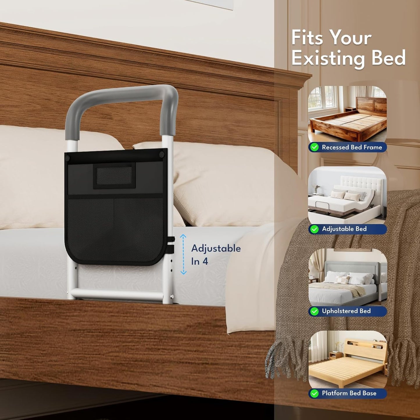 HOMEAL Bed Rails for Elderly Adults Safety, Adjustable Bed Assist Rail with Motion Light, 350lbs Heavy Duty Bedside Safety Cane with Storage Pocket & Fixing Strap, Fit Standard & Adjustable Bed (Grey)