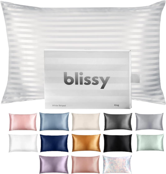 Blissy Silk Pillowcase - 100% Pure Mulberry Silk - 22 Momme 6A High-Grade Fibers - Silk Pillow Cover for Hair & Skin - Regular, Queen & King (White Striped, Standard)