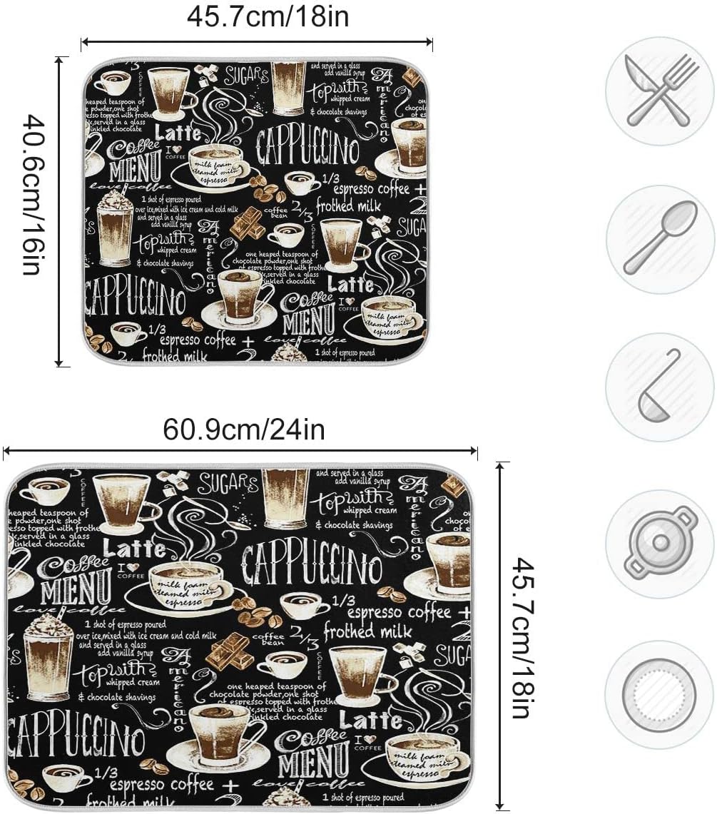 Coffee Black Dish Drying Mat for Kitchen Coffee Beans Maker Cappuccino Latte Chocolate Microfiber Drying Mats Absorbent Reversible Dish Pad Medium Dish Draining Mat 16x18 inch