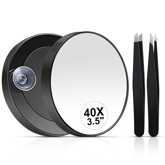 MIYADIVA 40X Magnifying Mirror, 3.5 Inch Round Compact Mirror with Suction Cup, Stainless Steel Tweezers, Perfect for Makeup, Eyebrows, Beards, Travel