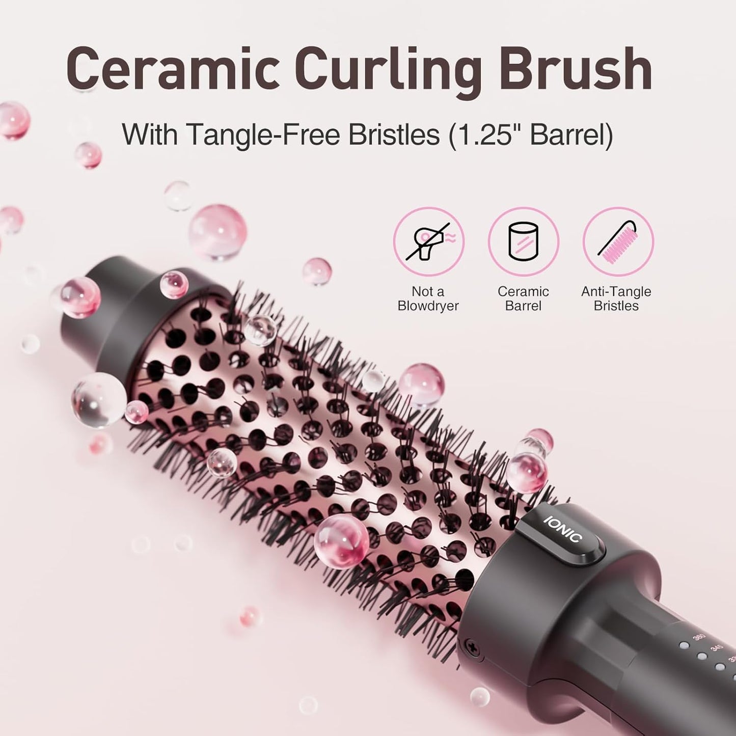 Thermal Brush 1.25 Inch with 5 Temp Settings, Universal Voltage Hot Hair Curling Iron, Ceramic Tourmaline Ionic Thermal Round Curling Brush Suitable for Medium and Long Hair, Rose Gold