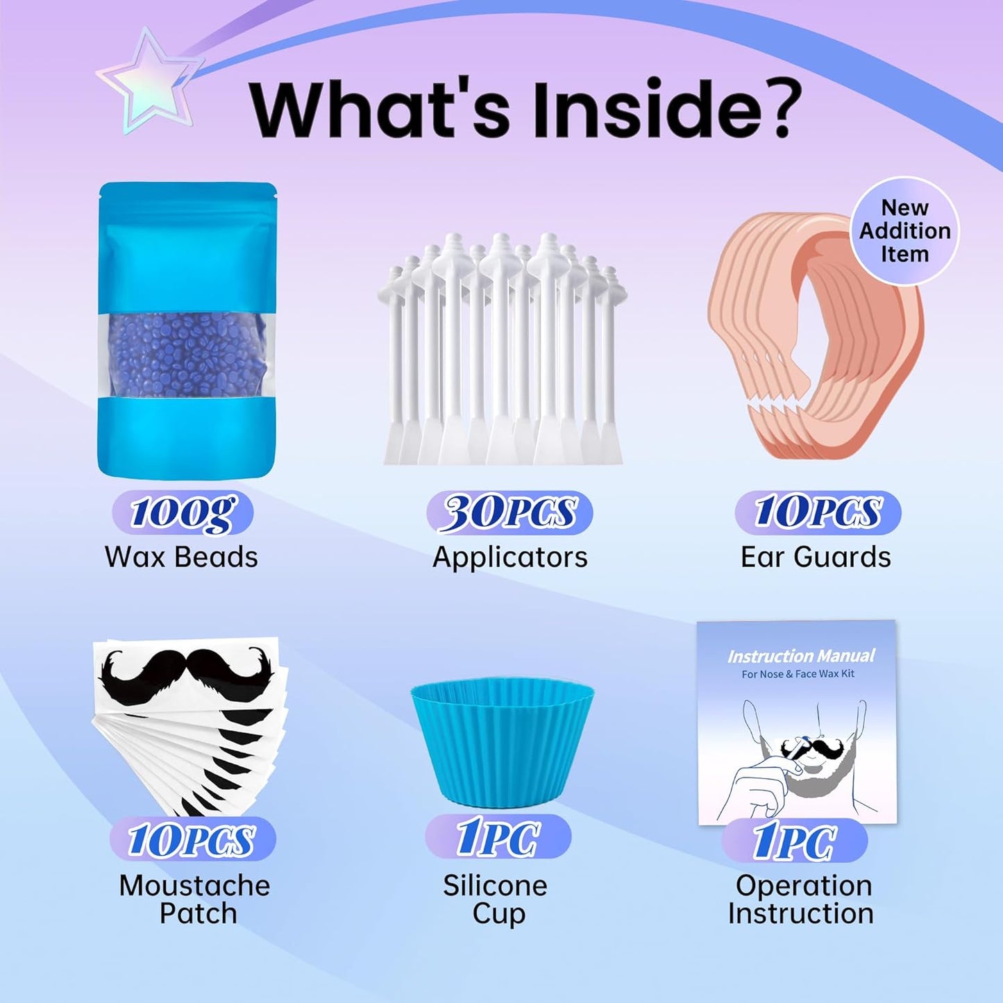 Nose Wax Kit for Men Nose Waxing, 100g Wax 30 Applicators Ear wax kit Hair Removal for Men and Women,Safe Quick Painless Nasal Waxing,10 Mustache Patch 10 Ears Guards,15-20 Uses