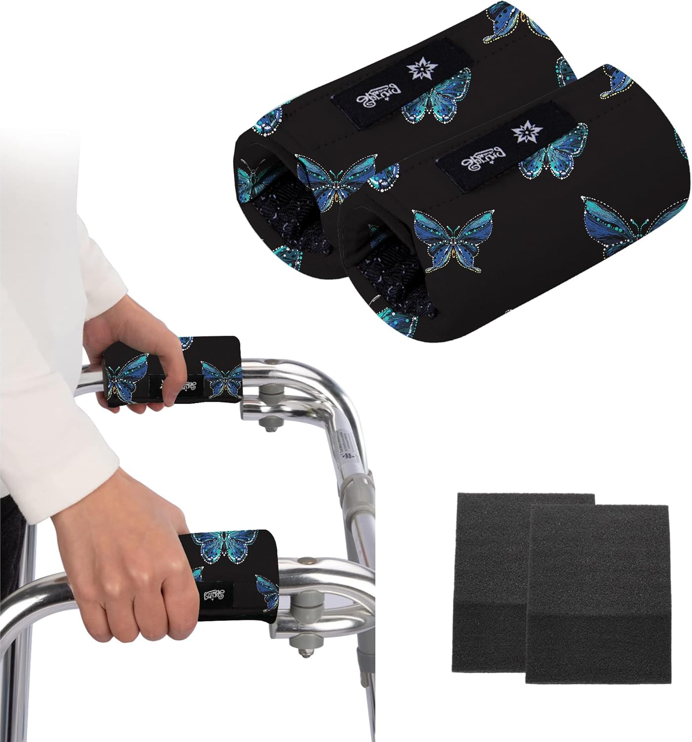 Universal Walker Hand Grip Padded Covers Non-Slip Cushion Foam for Folding Wheelchair Rollator Crutch Handle Pads 2-Pack Blue Butterfly
