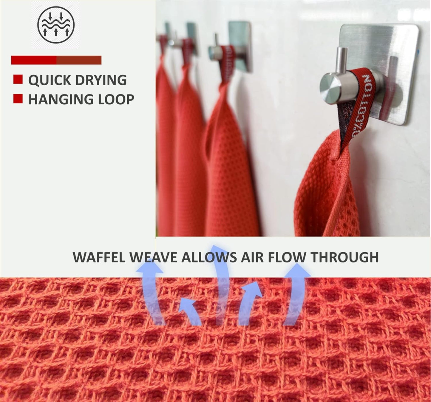 Kitchen Towels 100% Cotton Waffle Weave Dish Towel for Cleaning Drying Dishes Extra Absorbent and Soft, Dish Cloth,13 x 28 in, 8 Pack (Beige+Dark Grey+Brown+Red-8 Pack)