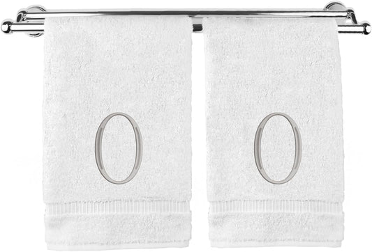 Monogrammed Hand Towel, Personalized Initial Gift, Extra Absorbent 100% Turkish Cotton - Soft Terry Finish - Set of 2 - Silver Block Initial O - Embroidered on White Towels
