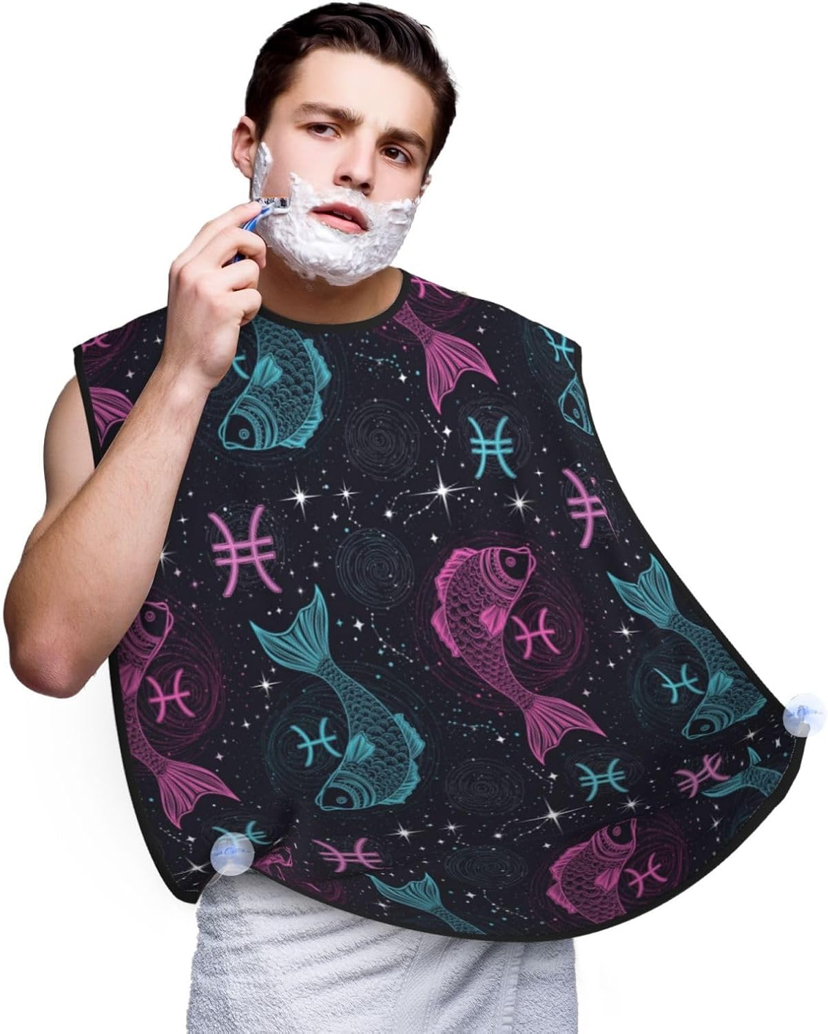 Ultimate Shaving Bib, Beard Trimming Apron with Hair Catcher, Neon Fish Zodiac Pisces