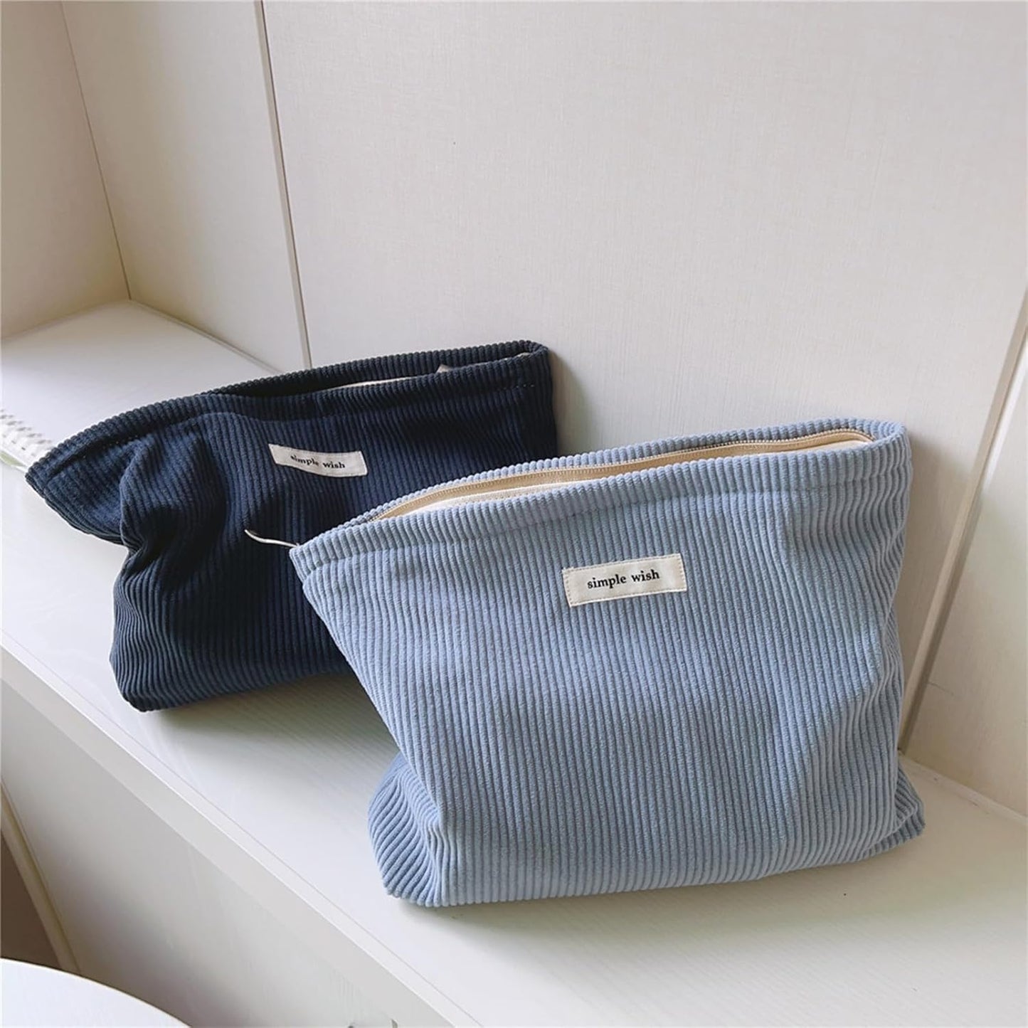 Wudygirl Makeup Bag Portable Cosmetic Bag Travel Makeup Pouch for Women and Girls Large Capacity Corduroy Travel Toiletry Bag (Light Blue)