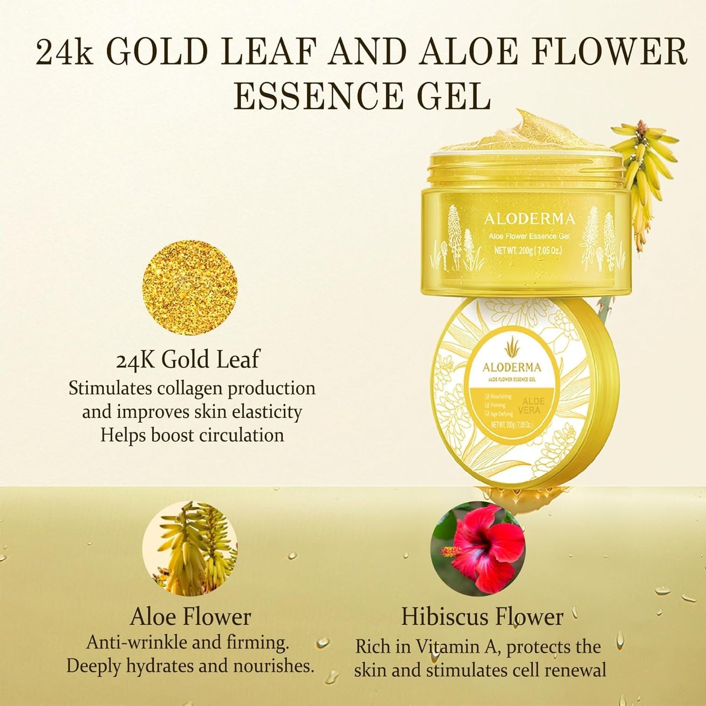 Aloderma Age-Defying Aloe Flower Essence Gel with 24K Gold Leaf, Made within 12 Hours of Harvest - Luxurious Aloe Gel with Allantoin & Hyaluronic Acid for a Shimmering, Youthful Complexion, 7oz 3-Pack