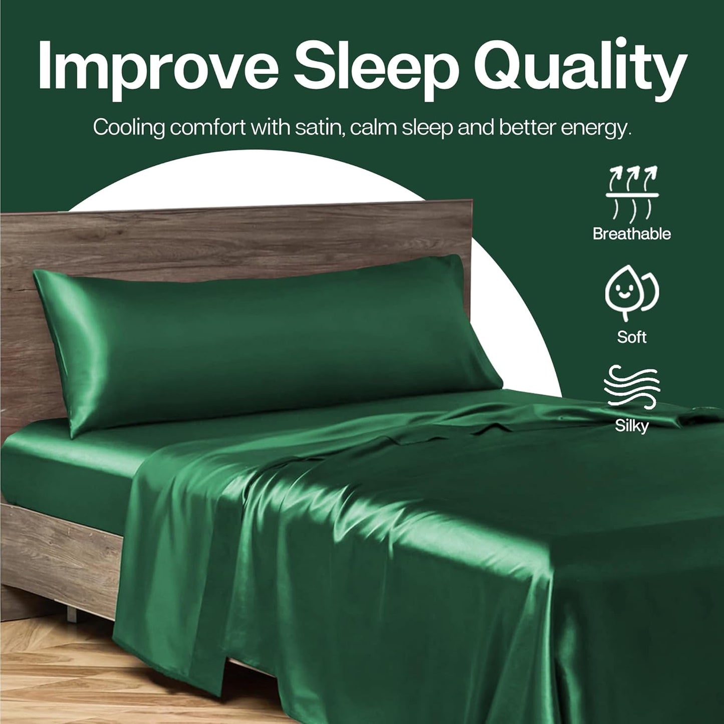 MR&HM Satin Body Pillow Cover, Soft and Breathable Body Pillow Case with Envelope Closure, Cooling and Silky Long Pillowcase for Hair and Skin,Grey (20x54, Dark Green)