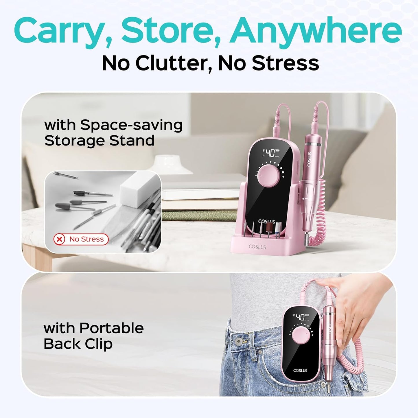 COSLUS Professional Rechargeable Electric Nail Drill 40000 RPM, Portable Nail File with Storage Stand for Acrylic Gel Polishing Removing - Easy to Use for Women, Manicure at Home DIY or Salon, Pink