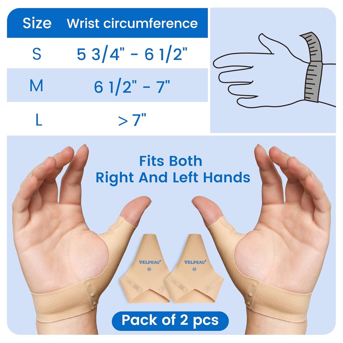 Velpeau Thumb Compression Sleeve for Tendonitis (Pack of 2), Seamless Technology, Gloves Wraps for Arthritis Pain Relief for Women & Men, Splint Liner, Fits Both Hands (Khaki, Short Version, S)