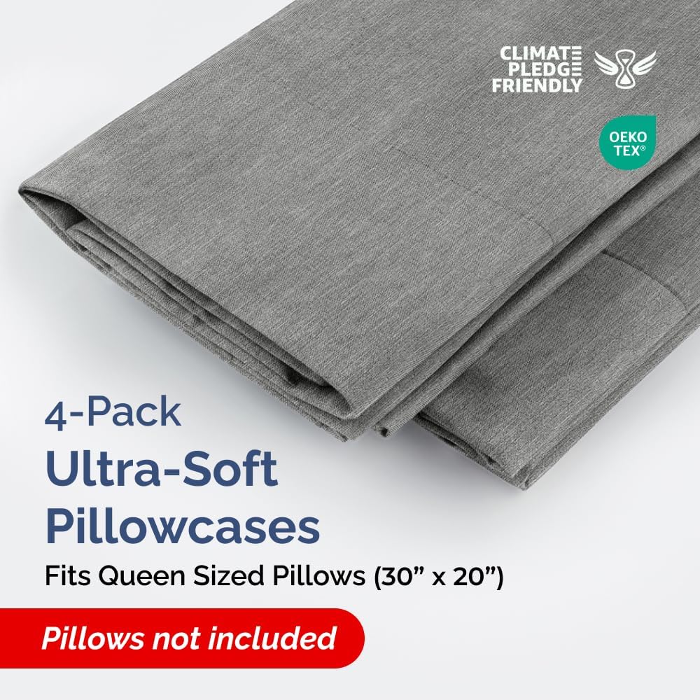 Queen Pillow Cases Set of 4 - Ultra Soft Hotel Quality Pillowcase Covers - Comfy, Cozy & Wrinkle Free - Shrinkage and Fade Resistant - Machine Washable Pillow Protectors - 4 Piece Set - Heathered Grey