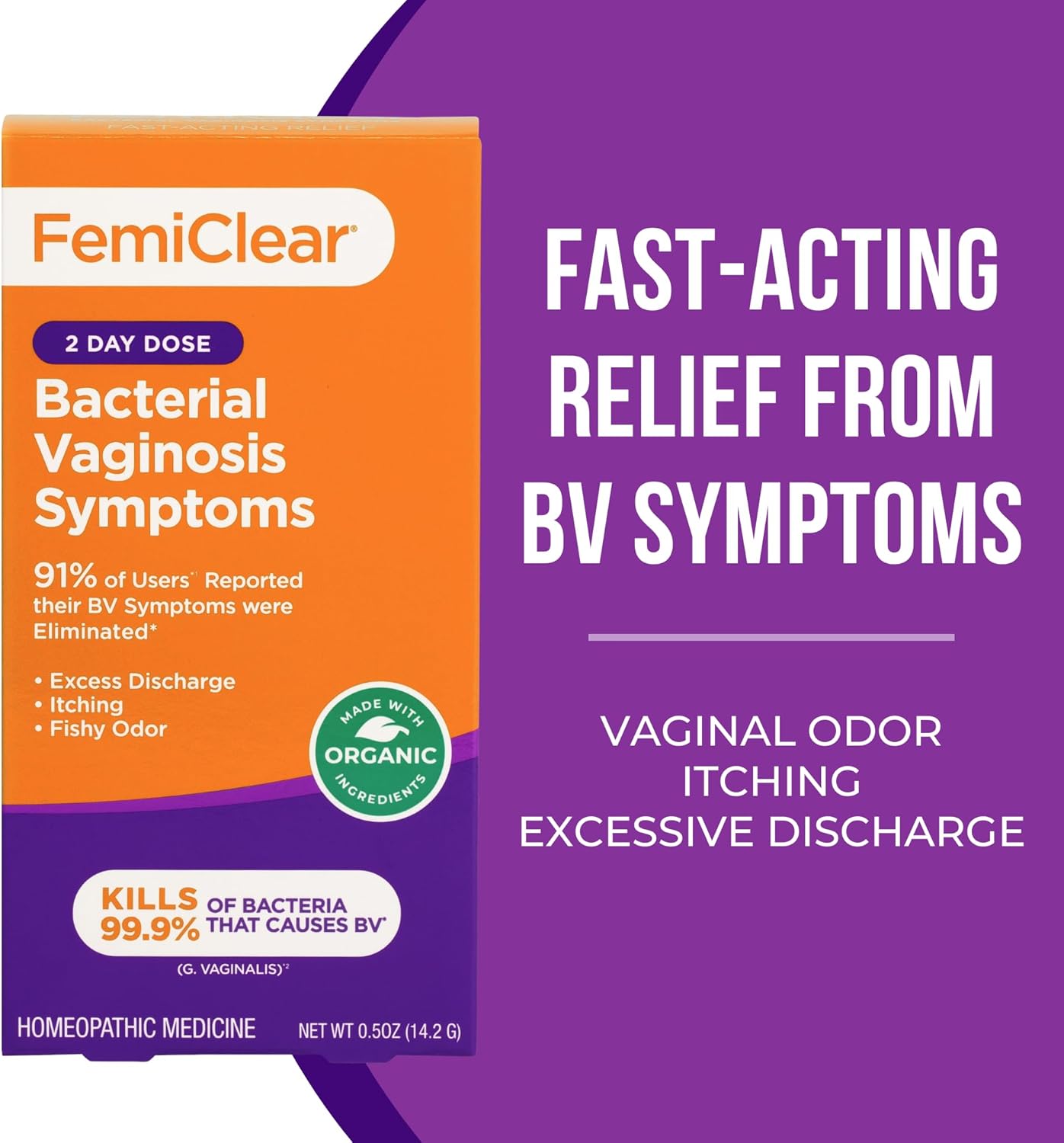 FemiClear BV Symptoms - Vaginal Ointment for Fishy Odor, Excess Discharge, Itching & Discomfort Due to Bacterial Vaginosis, All-Natural and Organic Ingredients, 2-Day Dose
